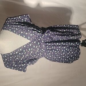 Studio M, Woman's Navy Blue & Green V-Neck, Tie Front Blouse, Size: XL